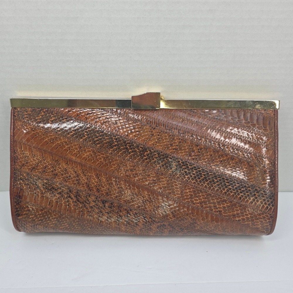 Pelletterie C3 Vintage Snakeskin Clutch Bag Brown Gold Frame Italian Leather